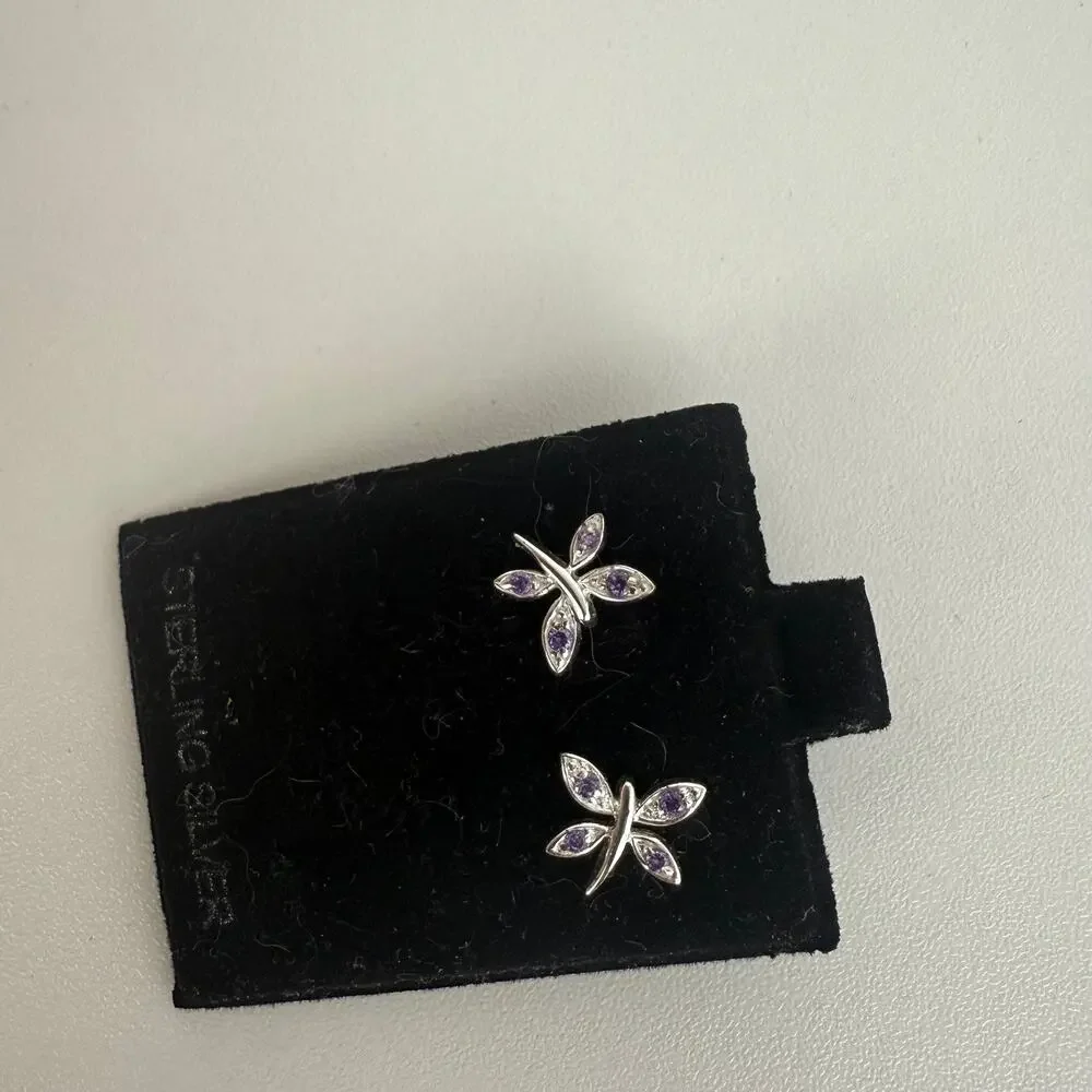 NWT Sterling Silver Dragonfly Dainty Y2K 90s Purple/Clear Stone Stud Earrings